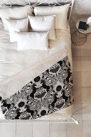 Avenie Unicorn Damask Cream And Black Fleece Throw Blanket