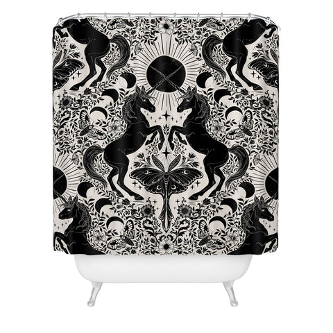 Avenie Unicorn Damask Cream And Black Shower Curtain