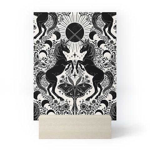 Avenie Unicorn Damask Cream And Black Mini Art Print