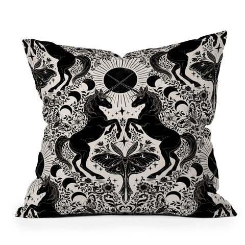 Avenie Unicorn Damask Cream And Black Outdoor Throw Pillow