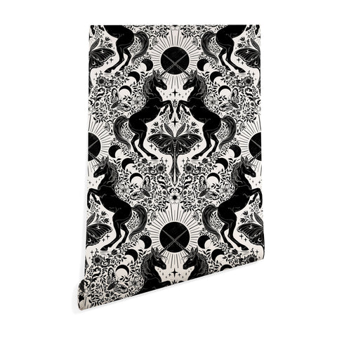 Avenie Unicorn Damask Cream And Black Wallpaper