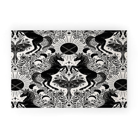 Avenie Unicorn Damask Cream And Black Welcome Mat