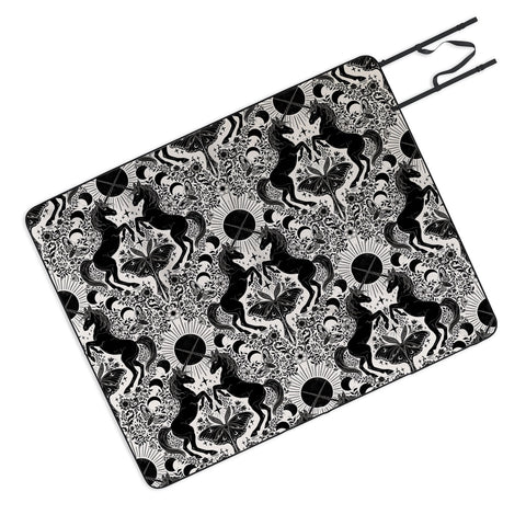 Avenie Unicorn Damask Cream And Black Picnic Blanket