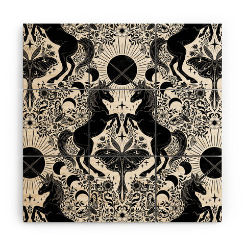 Avenie Unicorn Damask Cream And Black Wood Wall Mural