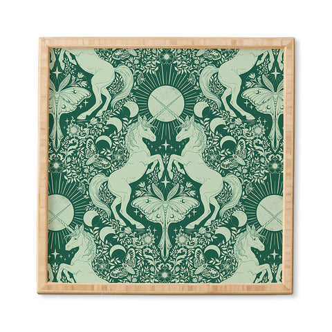 Avenie Unicorn Damask Green Framed Wall Art