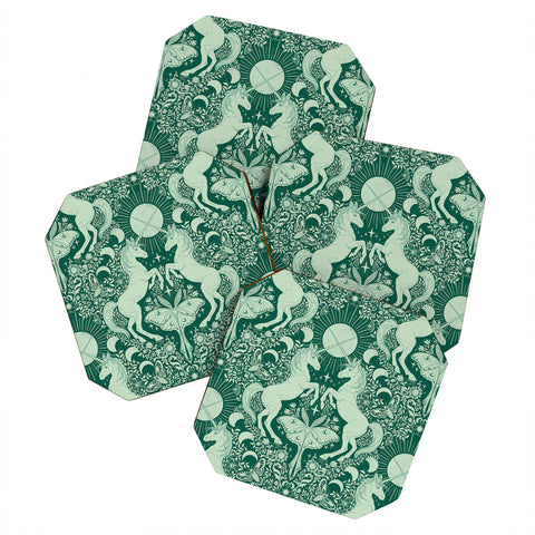 Avenie Unicorn Damask Green Coaster Set