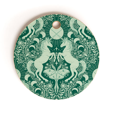 Avenie Unicorn Damask Green Cutting Board Round