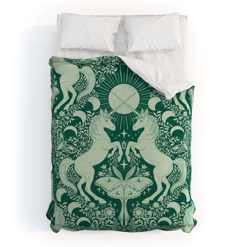 Avenie Unicorn Damask Green Duvet Cover