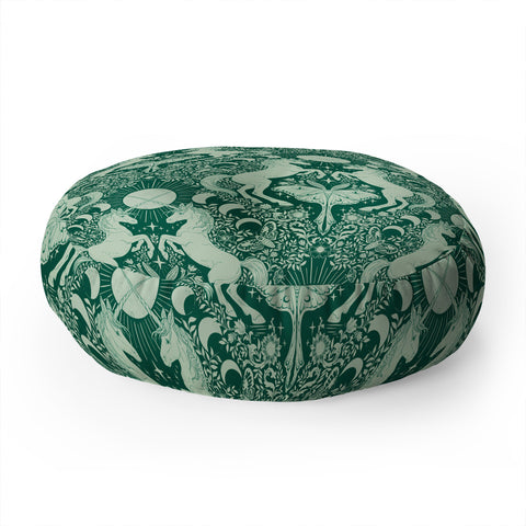 Avenie Unicorn Damask Green Floor Pillow Round