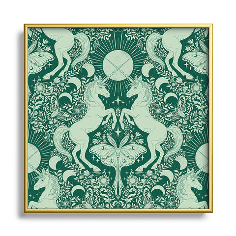 Avenie Unicorn Damask Green Square Metal Framed Art Print