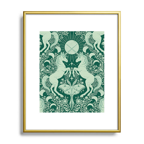 Avenie Unicorn Damask Green Metal Framed Art Print