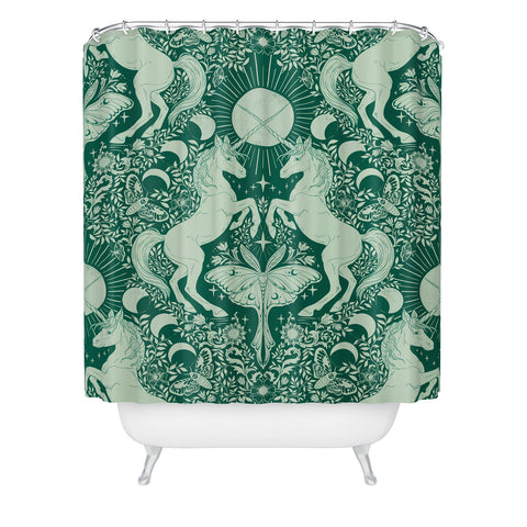 Avenie Unicorn Damask Green Shower Curtain