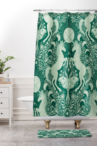 Avenie Unicorn Damask Green Shower Curtain And Mat