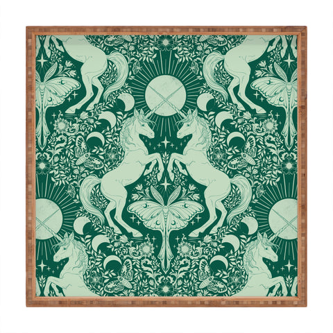 Avenie Unicorn Damask Green Square Tray