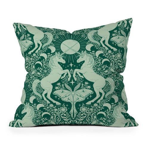 Avenie Unicorn Damask Green Outdoor Throw Pillow