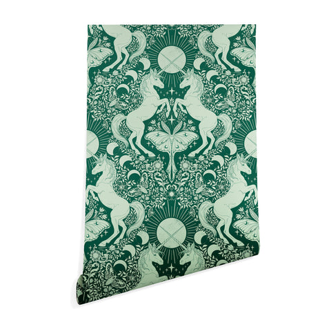 Avenie Unicorn Damask Green Wallpaper