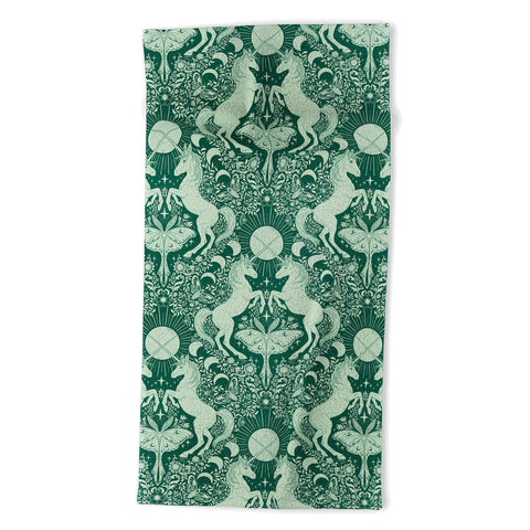 Avenie Unicorn Damask Green Beach Towel
