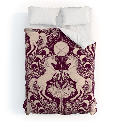 Avenie Unicorn Damask In Berry Red Duvet Cover