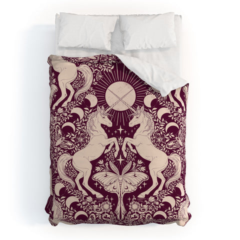 Avenie Unicorn Damask In Berry Red Duvet Cover
