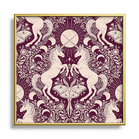 Avenie Unicorn Damask In Berry Red Square Metal Framed Art Print