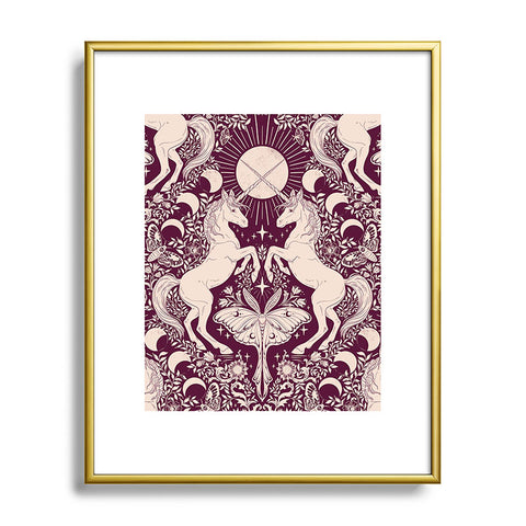 Avenie Unicorn Damask In Berry Red Metal Framed Art Print