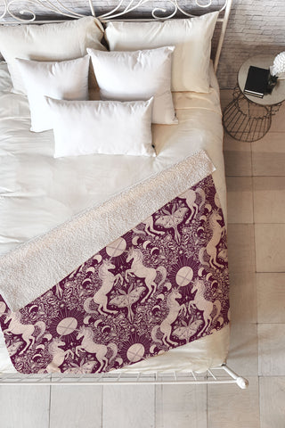 Avenie Unicorn Damask In Berry Red Fleece Throw Blanket