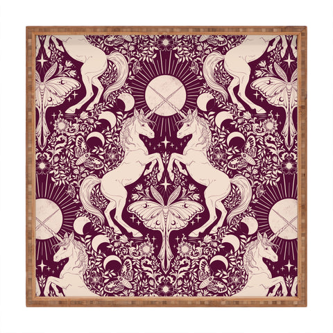 Avenie Unicorn Damask In Berry Red Square Tray