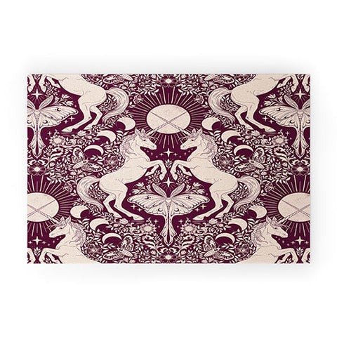 Avenie Unicorn Damask In Berry Red Welcome Mat