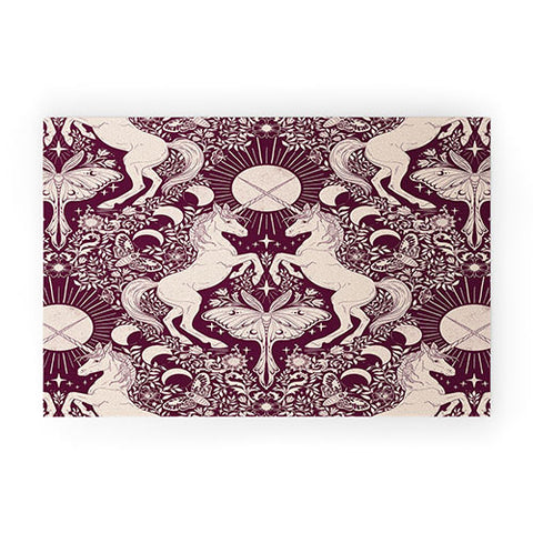 Avenie Unicorn Damask In Berry Red Welcome Mat