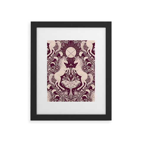 Avenie Unicorn Damask In Berry Red Framed Art Print