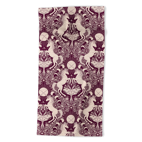 Avenie Unicorn Damask In Berry Red Beach Towel
