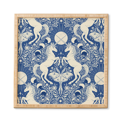 Avenie Unicorn Damask In Blue Framed Wall Art