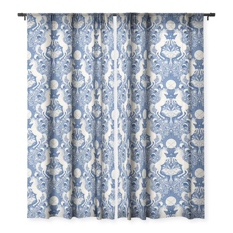 Avenie Unicorn Damask In Blue Sheer Window Curtain