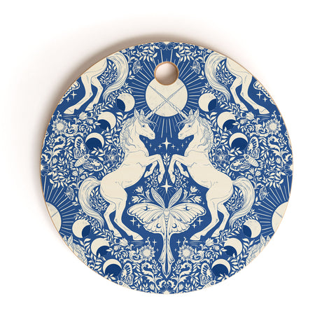 Avenie Unicorn Damask In Blue Cutting Board Round