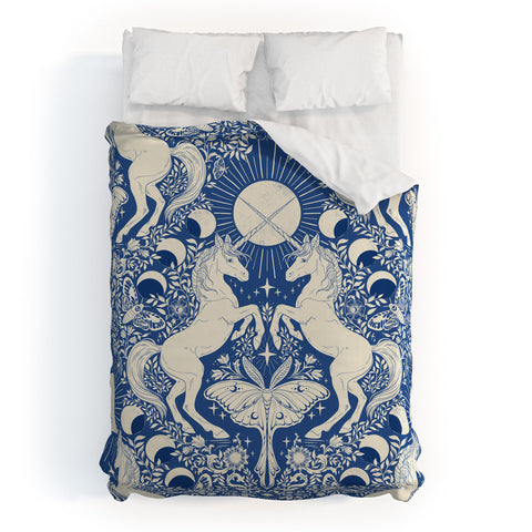 Avenie Unicorn Damask In Blue Duvet Cover