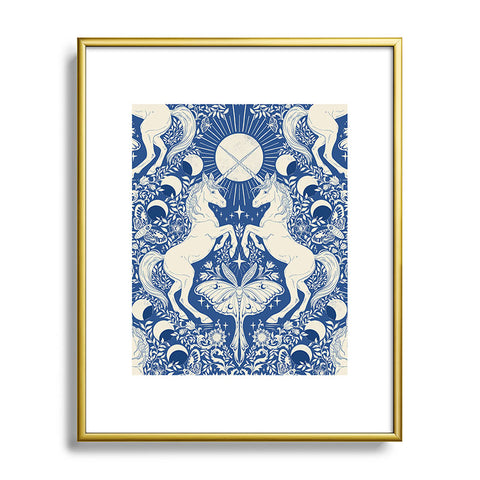 Avenie Unicorn Damask In Blue Metal Framed Art Print