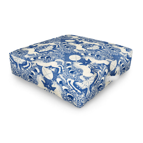 Avenie Unicorn Damask In Blue Outdoor Floor Cushion