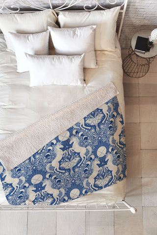 Avenie Unicorn Damask In Blue Fleece Throw Blanket