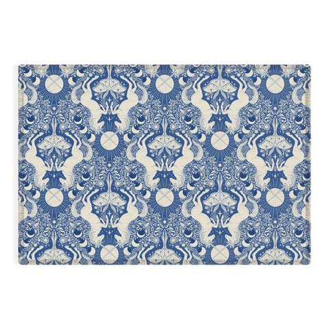 Avenie Unicorn Damask In Blue Outdoor Rug