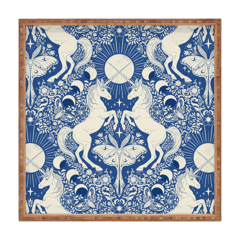 Avenie Unicorn Damask In Blue Square Tray