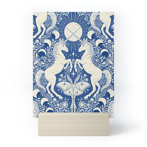 Avenie Unicorn Damask In Blue Mini Art Print