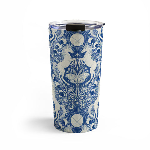 Avenie Unicorn Damask In Blue Travel Mug