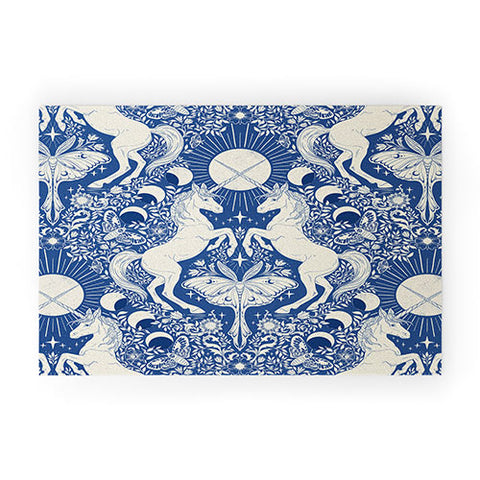 Avenie Unicorn Damask In Blue Welcome Mat