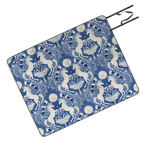 Avenie Unicorn Damask In Blue Picnic Blanket