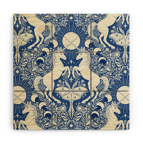 Avenie Unicorn Damask In Blue Wood Wall Mural