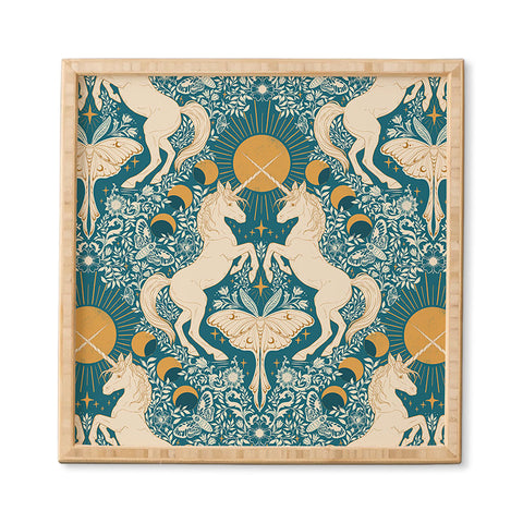 Avenie Unicorn Damask Turquoise Gold Framed Wall Art