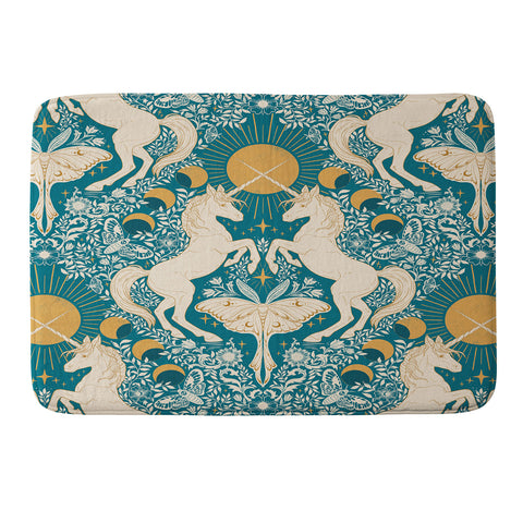 Avenie Unicorn Damask Turquoise Gold Memory Foam Bath Mat