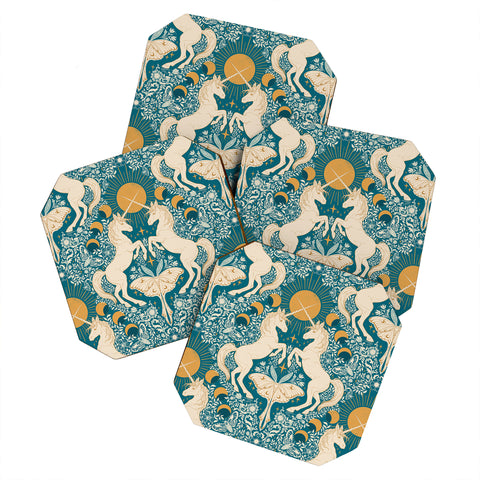 Avenie Unicorn Damask Turquoise Gold Coaster Set