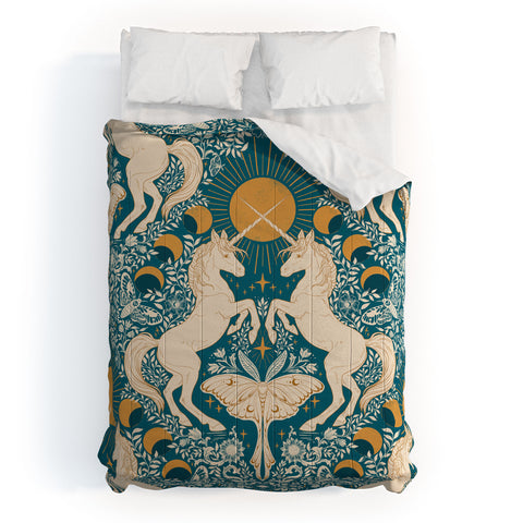 Avenie Unicorn Damask Turquoise Gold Comforter