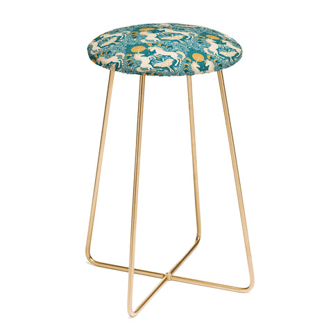 Avenie Unicorn Damask Turquoise Gold Counter Stool